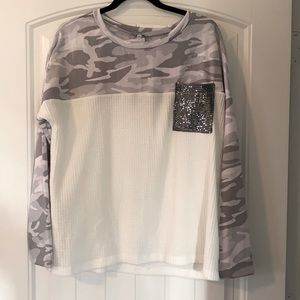 White Birch Camo and Sequin Long Sleeve Top NWT